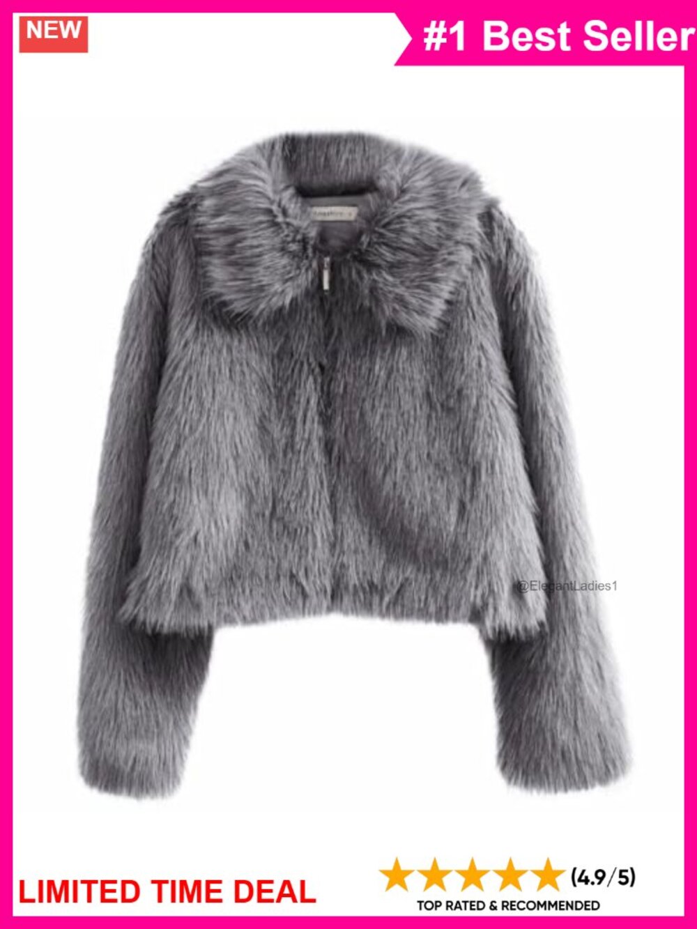 Faux Fur Zip-Up Cropped Jacket Long Sleeve Warm Winter Coat